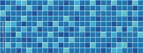 Swimming pool ceramic tile, horizontal seamless pattern for bathroom, kitchen, toilet. Bright blue 3d square mosaic for wall, floor, backsplash, interior surface, clean vector illustration