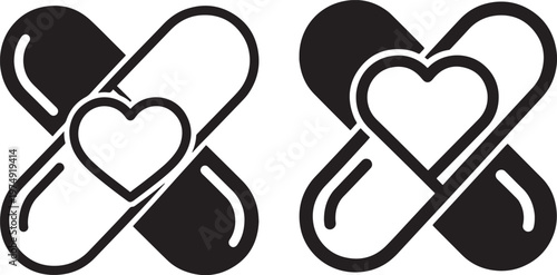 Intertwined pill capsules with heart icon representing health and wellness medicine pharmacy treatment wellness healthcare prescription silhouette supplement pharmaceutical wellbeing