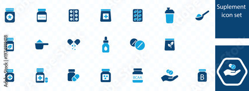 A collection of blue vector icons depicting various vitamin supplement and medicinal product representations high quality professional detailed modern elegant stylish clean crisp