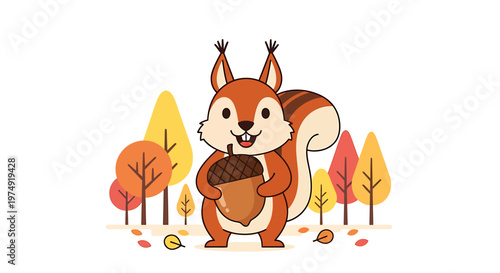 A cartoon squirrel holding an acorn in autumn.