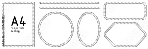 Rope frames. Set of string brush borders. Rectangular, A4 compatible, round, oval, hexagon shapes for decorative nautical, cowboy designs. Black vector illustration isolated on white background