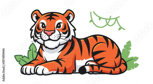 A cartoon tiger lying on leaves.