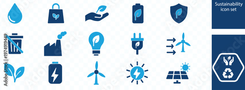A collection of blue sustainability icons depicting environmental concepts such as renewable energy waste management and ecological preservation high quality professional detailed modern