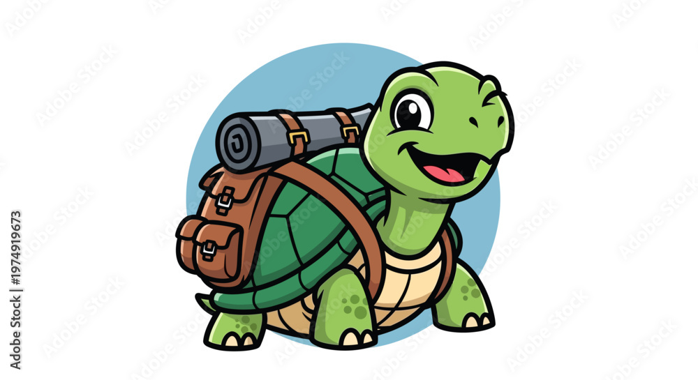 Obraz premium A cartoon turtle with a backpack and sleeping bag on its back.