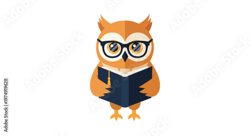 cartoon owl reading a book.
