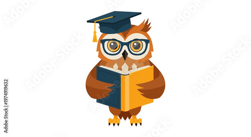 Owl wearing glasses and graduation cap reading.