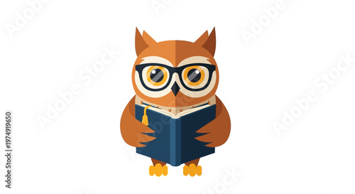 Owl reading a book with glasses on.