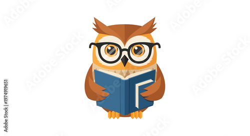 cartoon owl wearing glasses reading book.