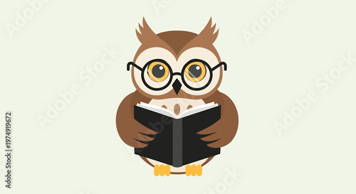 A cartoon owl wearing glasses reading.