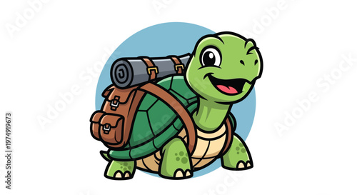 A cartoon turtle with a backpack and sleeping bag on its back.