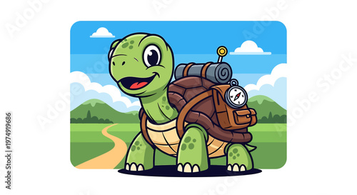 A cartoon turtle with a backpack on its back.
