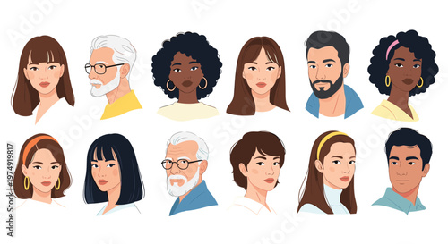 Grid of twelve diverse human portraits showing people of different ages, ethnicities, and genders in a clean minimalist style.
