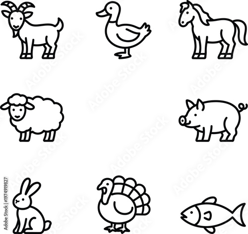 Collection of farm and barnyard animal illustrations in simple line drawings