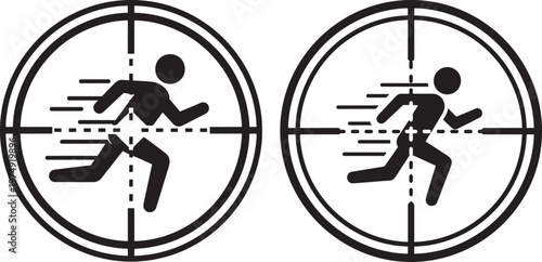 Abstract black silhouette icons of people running within crosshair targets symbolizing goal pursuit marketing target audience and competition in business or sports with crosshair objective strategy