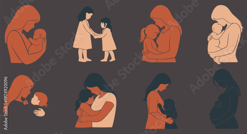 Eight of mothers holding babies and children in warm tones baby family love