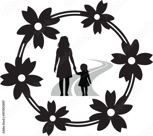 Mother and child silhouettes walking on a road framed by black flowers daughter family