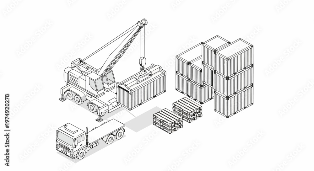 Fototapeta premium Isometric Logistics and Shipping Line Art Illustration Featuring Cargo Crane, Delivery Truck, and Containers
