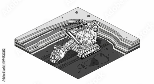 Isometric Bucket Wheel Excavator in Open-Pit Mine, Black and White Line Art Illustration of Heavy Mining Machinery