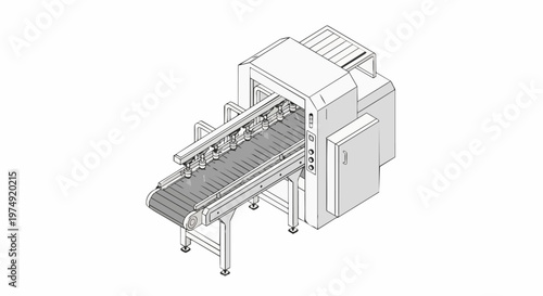 Isometric Line Art of an Industrial Conveyor Belt Machine with Spray Nozzles for Manufacturing and Sanitation Processes