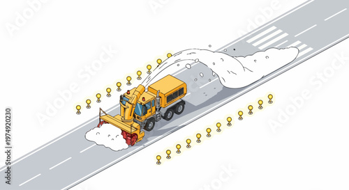 Isometric Illustration of a Large Industrial Snow Blower Truck Clearing an Airport Runway, Minimalist Vector Art for Winter Maintenance