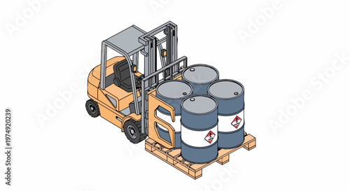 Isometric Industrial Forklift Carrying Hazardous Material Barrels on Wooden Pallet