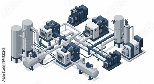 Isometric Industrial Air Compressor and Gas Processing Plant System with Pipes and Storage Tanks on White Background