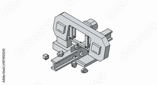 Isometric 3D Industrial Metal Band Saw Machine Cutting a Steel I-Beam, Technical Vector Illustration on White Background