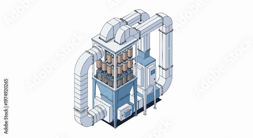 Isometric Industrial Air Filtration System and Dust Collector Unit for Factory Ventilation and Pollution Control