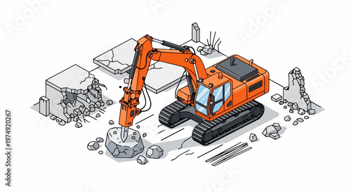 Isometric Orange Excavator with Hydraulic Breaker Demolishing Concrete Structures