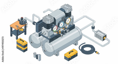 Industrial Isometric Illustration of an Air Compressor Machine with Pneumatic Tools and Workshop Workbench on White Background