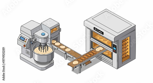 Isometric Automated Bakery Production Line Illustration: Industrial Bread Manufacturing Process with Mixer, Conveyor Belt, and Commercial Oven