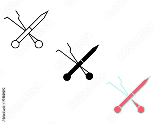 Professional Dental Explorer and Scaler Tool Icon - 3 Styles. Silhouette, Line art, Two tone,