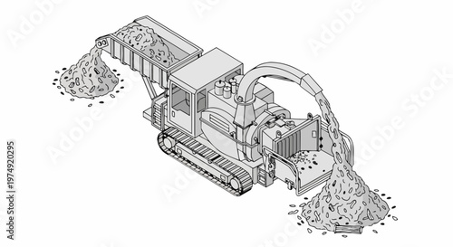 Industrial Wood Chipper and Shredder Machine Illustration, Isometric Line Art of Forestry Equipment for Biomass Processing and Timber Recycling