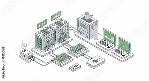 Isometric Illustration of a Smart Battery Energy Storage System with Monitoring Laptops and Renewable Power Icons for Sustainable Green Technology Infrastructure