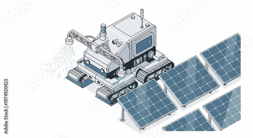 Autonomous Robotic Solar Panel Cleaning System Isometric Line Art Illustration - Renewable Energy Maintenance Technology