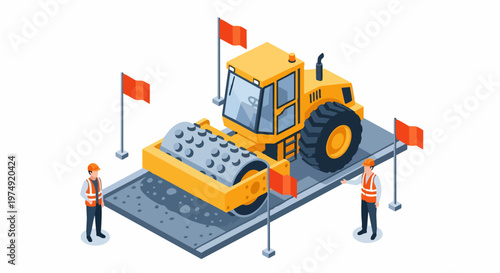 Isometric Heavy Duty Yellow Soil Compactor Road Roller with Construction Workers