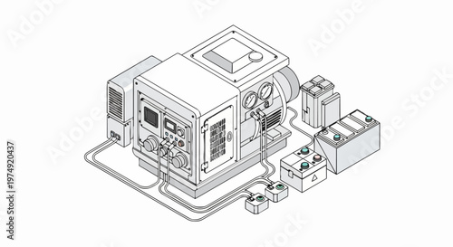 Isometric Line Art Illustration of Industrial Power Generator System with Batteries and Electrical Components