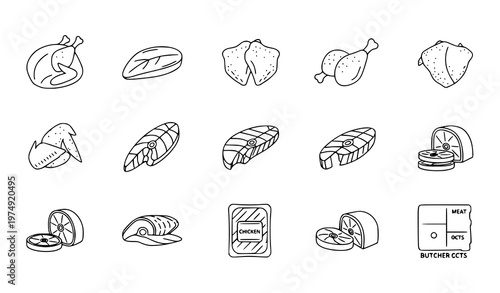 Chicken Meat Line Icons Poultry Food Cuts Outline Vector Set