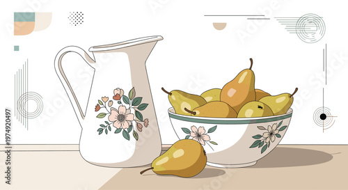 Elegant still life composition of a floral ceramic pitcher and a bowl filled with fresh ripe yellow pears on a table.