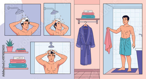 Step by step daily hygiene routine of a man washing his hair and body in the shower using soap and water for a fresh feeling.