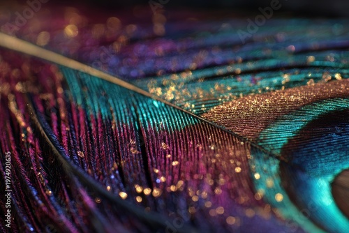 Close-up of a peacock feather with iridescent colors and glitter