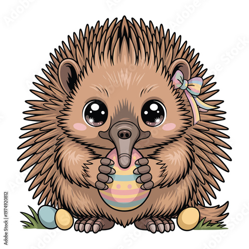 Cute Kawaii Chibi Echidna Holding Colorful Easter Egg with Pastel Bow and Eggs in Grass Illustration