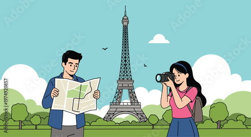 Enthusiastic young couple exploring Paris with a map and camera while standing in front of the iconic Eiffel Tower.