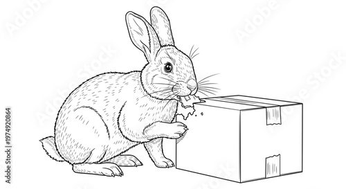 rabbit eating from cardboard box, black and white line drawing, isolated
