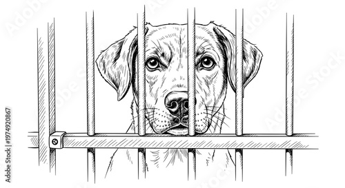 Dog behind bars looking out, black and white sketch, confinement concept