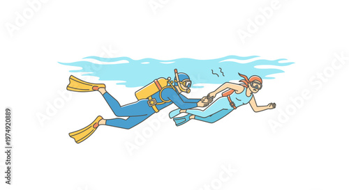 Scuba diver helping woman underwater.