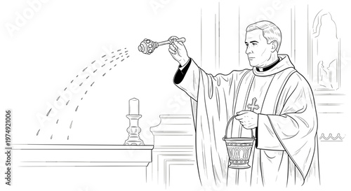 Catholic priest sprinkles holy water during blessing ceremony in church