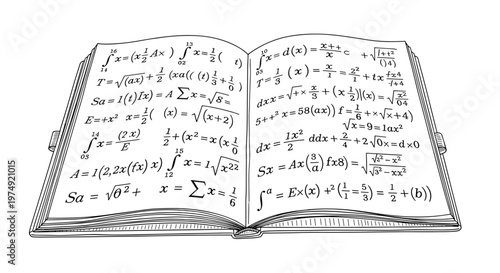 Open textbook with complex mathematical equations, black and white illustration