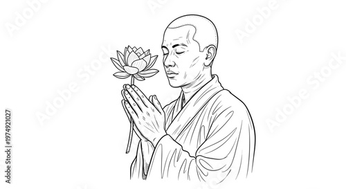 Buddhist monk holding lotus flower, peaceful meditation, line art illustration