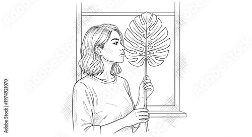 Woman holding monstera leaf near window, line art sketch, indoor